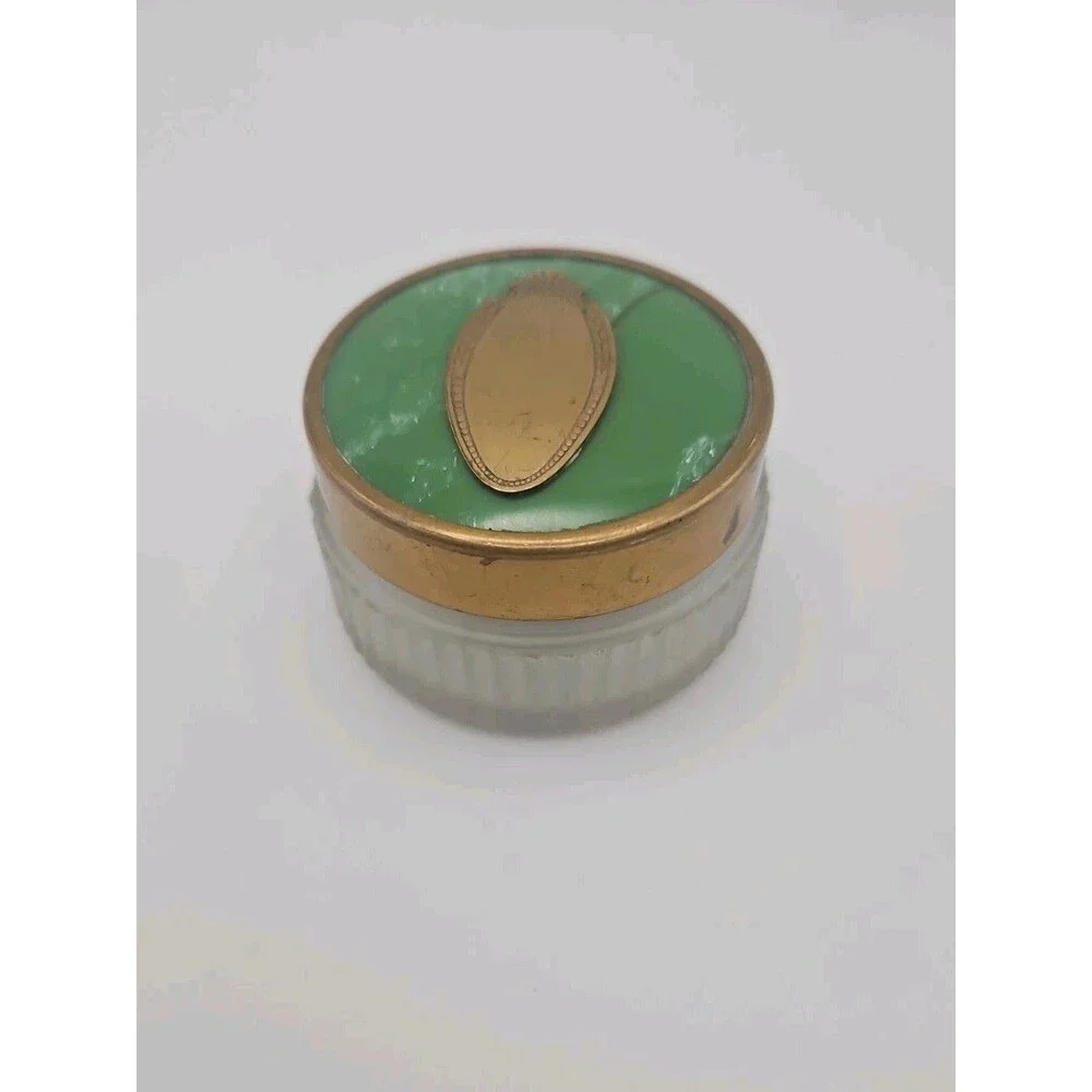 Vtg Set Dresser Glass Jars Green Art DecoMetal  Lids
